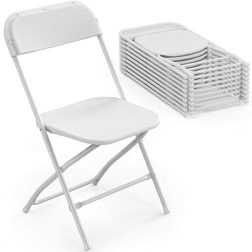 Folding Chairs Set of 10, White Plastic Seat with Sturdy Metal Frame