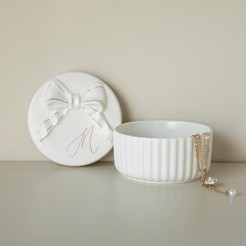 Ceramic Jewelry Box with Gold Bow Lid, White Porcelain Vanity Organizer