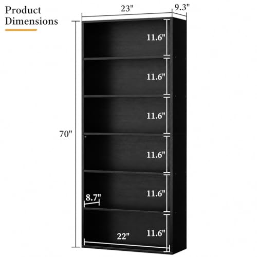 6-Tier Modern Open Bookshelf, 71-Inch Tall Industrial Display Storage Shelf