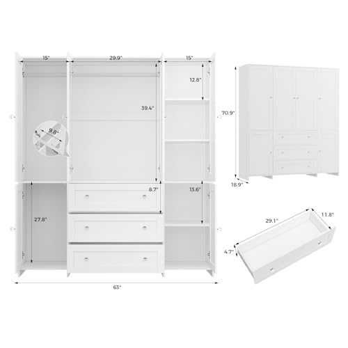 71-Inch Wardrobe Closet with Mirror and Drawers, 6-Door Bedroom Armoire