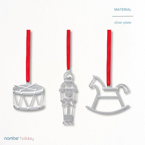 Nambé Mini Holiday Ornaments Set - Silver Rocking Horse, Nutcracker & Drum