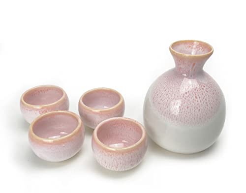 Pink Cherry Blossom Japanese Sake Set - Porcelain Decanter & Cups Gift Set, Made in Japan