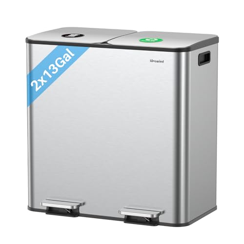 Dual Trash and Recycling Bin 26-Gallon Stainless Steel Kitchen Garbage Can