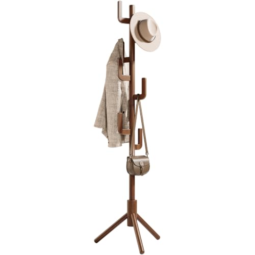 Walnut Yoobure Solid Wood Cactus Coat Rack with 8 Hooks, Adjustable Height Entryway Organizer