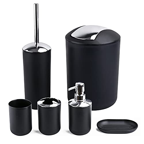 6-Piece Plastic Bathroom Accessory Set with Trash Can, Black