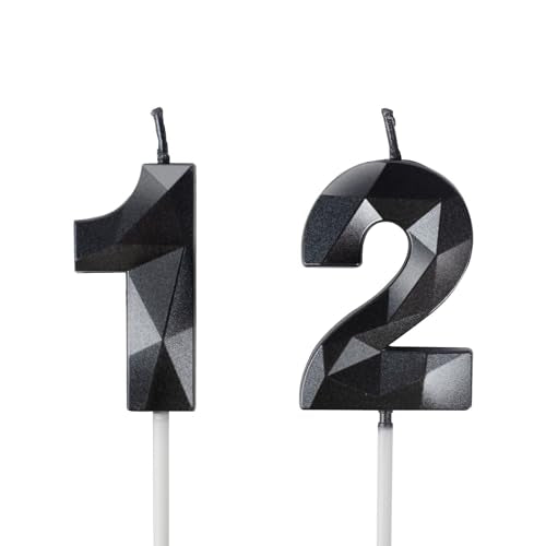 Black Number 12 Birthday Candles - 3D Diamond Cut Cake Topper Decoration