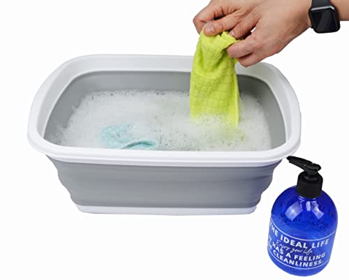SAMMART 10L Collapsible Plastic Wash Basin - Portable Foldable Dish Tub - White/Grey