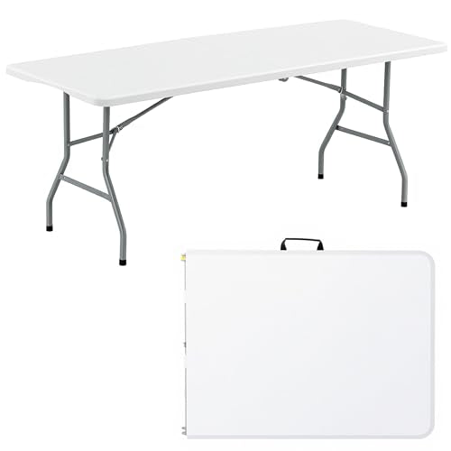 6ft Heavy Duty Folding Table, Portable HDPE Plastic Fold-in-Half Table
