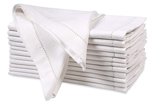 Set of 12 Linen Blend Cloth Napkins - 20x20 Inch White Hemstitched Dinner Napkins