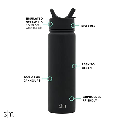 Insulated Stainless Steel Water Bottle with Straw Lid - 22oz, Black