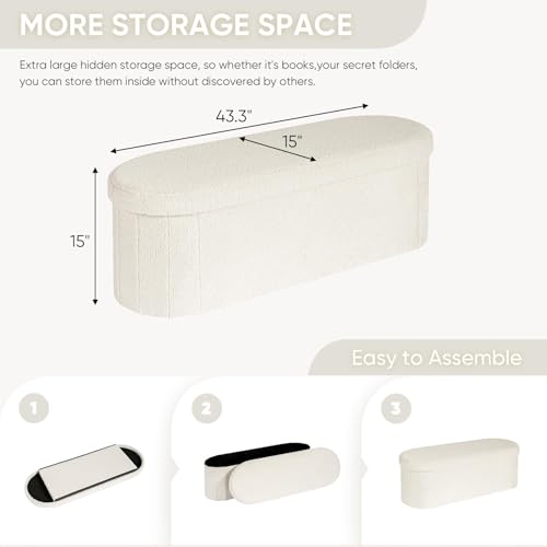 43.3-Inch Collapsible Sherpa Storage Ottoman Bench - Cream White
