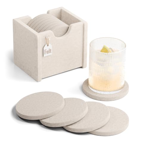 Fluxynara Felt Coasters Set of 8 with Holder - Oatmeal Round Drink Protectors