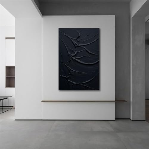 Minimalist Black Textured Oil Painting on Canvas 24x36 Inch Vertical Wall Art