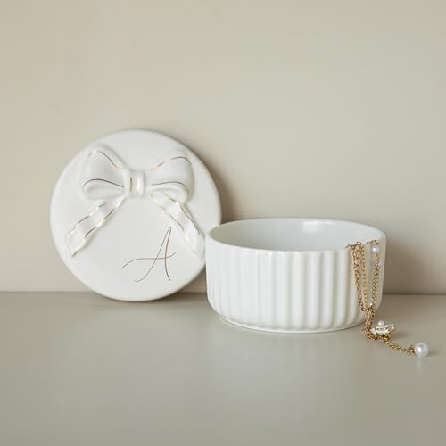 Collective Home Ceramic Jewelry Box with Bow - Nightstand Vanity Decor (A)