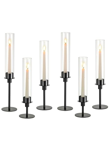 Sziqiqi Set of 6 Black Hurricane Candle Holders with Wax Catchers & Tiered Heights