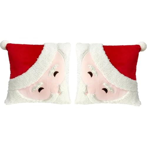 2Pcs Christmas Pillow Covers 18x18 Inch - Santa Claus Theme Square 3D Embroidered Velvet Pillowcases, Fun Winter Indoor Decoration for Bed and Sofa