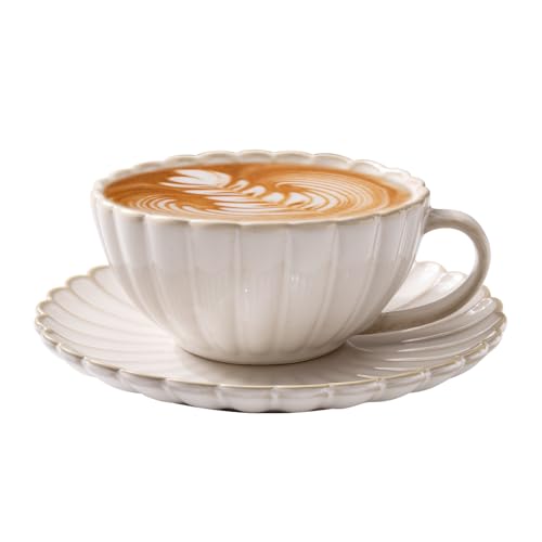 Vintage Floral 12oz Ceramic Coffee Cup & Saucer Set - Farmhouse Latte Mug for Espresso & Tea