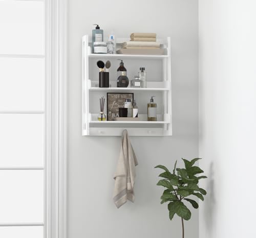 3-Tier Wall-Mounted Ladder Shelf with Hooks, White Wood Storage Organizer