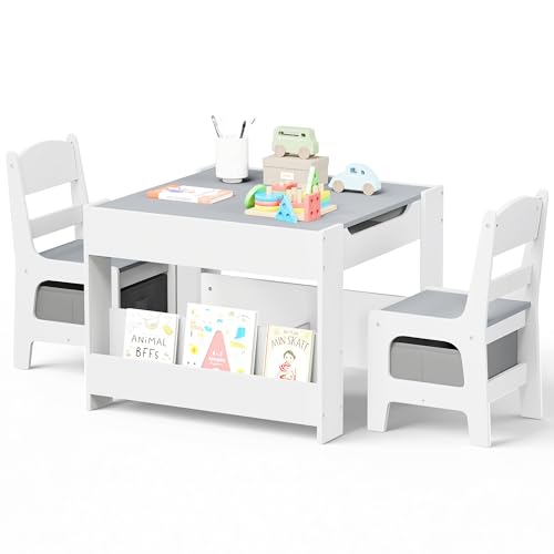 Kids Wooden Activity Table and 2 Chairs Set with Storage and Blackboard