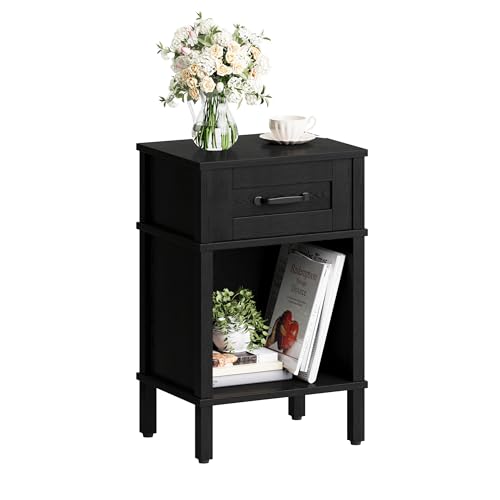 Modern Black Nightstand with Drawer - Small Wooden Bedside End Table