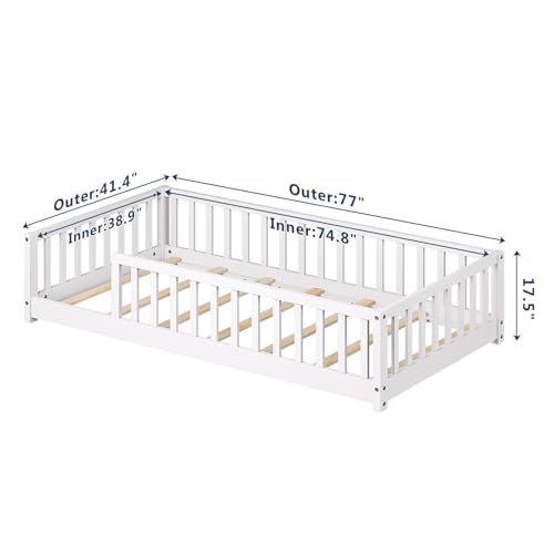 Twin Montessori Floor Bed Frame with Guardrails, Solid Wood Kids Bed