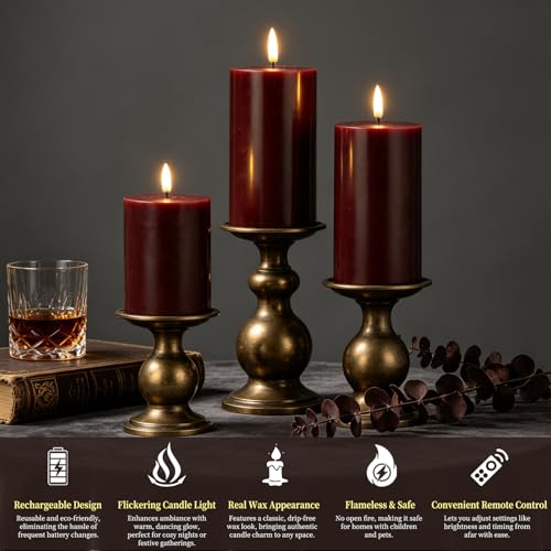 RosMank 3-Piece LED Candles Set with 10-Key Remote, Flameless Real Wax, Red