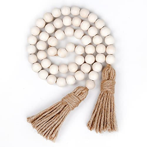 39-Inch Natural Wood Bead Garland with Jute Tassels, Boho Farmhouse Decor