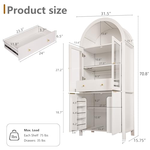 71-Inch Tall Arched Kitchen Pantry Cabinet with Glass Doors and Storage