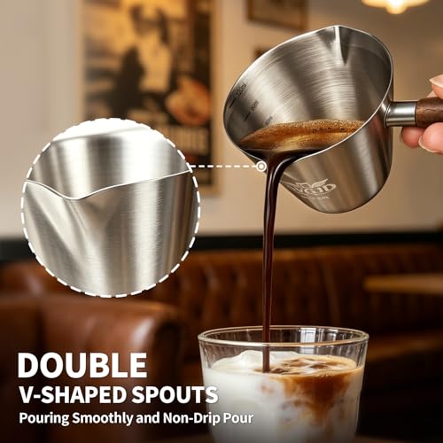 Silver 4Oz Stainless Steel Espresso Shot Cups with Measurement & Walnut Handle