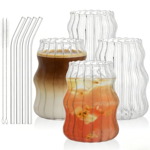 4-Pack Ribbed Glass Tumblers with Straws, 16oz Aesthetic Iced Coffee Cups