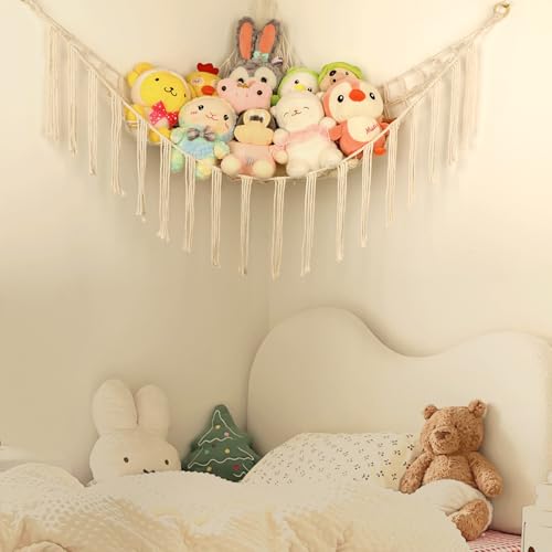 Large Boho Stuffed Animal Hammock - Corner Plush Toy Storage Net for Nursery