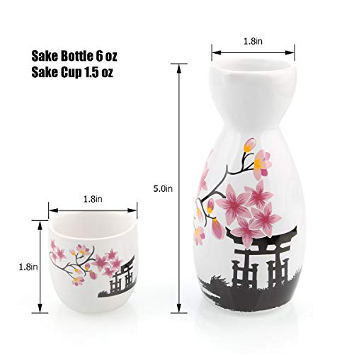 ABuff Japanese Sake Set with 1 Ceramic Tokkuri Bottle & 4 Ochoko Cups - Microwave & Dishwasher Safe