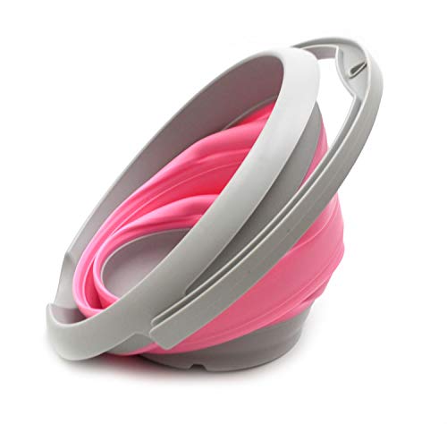 SAMMART 5L Foldable Plastic Bucket Grey/Pink - Collapsible Portable Water Pail for Camping & Fishing