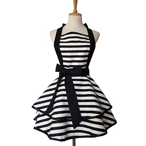 Retro Cotton Kitchen Apron with Adjustable Neck Strap - Black