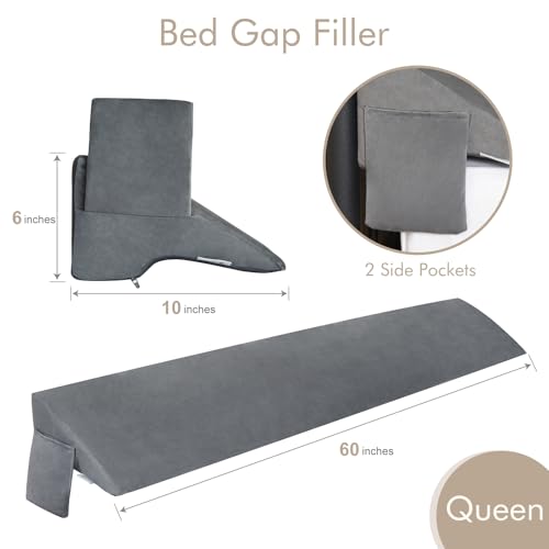 King Bed Wedge Pillow for Headboard Gap Filler - High-Density Foam with Pockets, Removable Cover, Gray, 60"x10"x6"