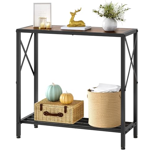 2-Tier Narrow Console Table, Rustic Brown Entryway Sofa Table with X-Frame