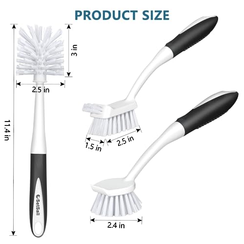 3-Piece Kitchen Dish & Bottle Brush Set with Scraper Tip & Long Handle