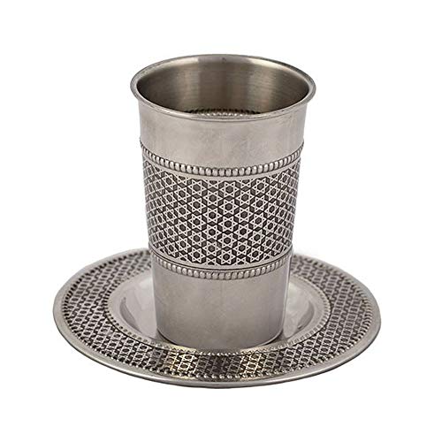 Stainless Steel Kiddush Cup and Saucer Set with Star of David Design