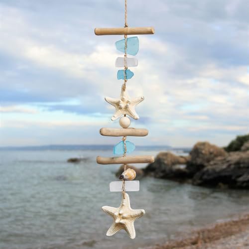 Nautical Coastal Wall Decor with Sea Glass, Driftwood, Starfish, and Shells