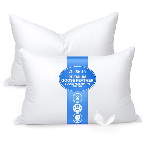 Queen Size Feather Pillows Set of 2 - Soft Goose Down Support