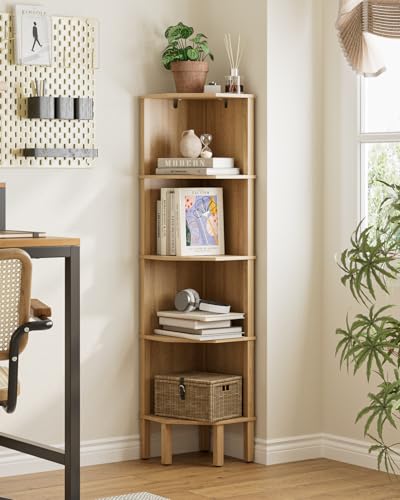 5-Tier Oak Corner Bookshelf, Space-Saving Display Storage Rack