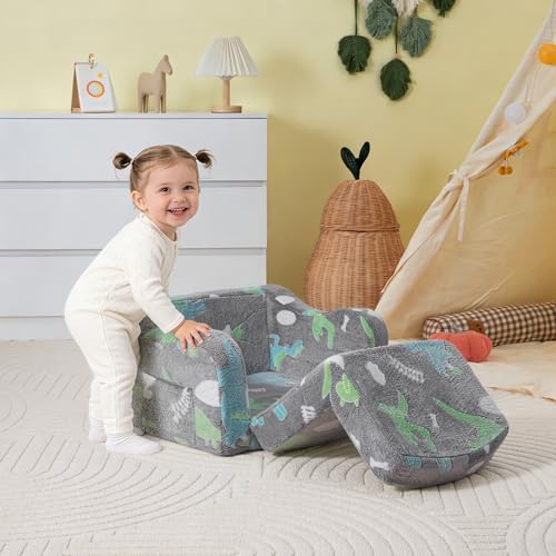2-in-1 Convertible Kids Sofa Chair - Foldable Foam Plush Couch, Gray Dinosaur
