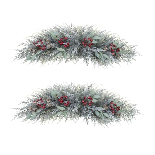 U'Artlines 2-Pack 27.5 Inch Frost White Christmas Swag with Red Berries & Pine Cones - Front Door Decor