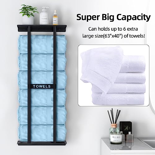 STWWO Wall Mounted Bathroom Towel Rack with Shelf, Holds 6 Towels - Black