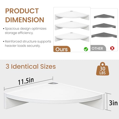 3-Pack Floating Corner Wall Shelves with Cable Management - White Wood