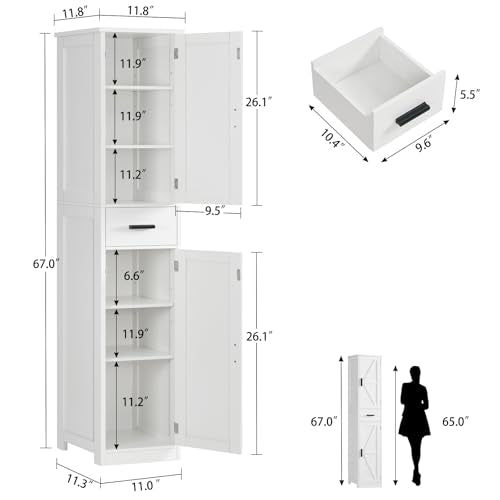 67-Inch Tall Narrow Bathroom Storage Cabinet with 6 Shelves and Drawer