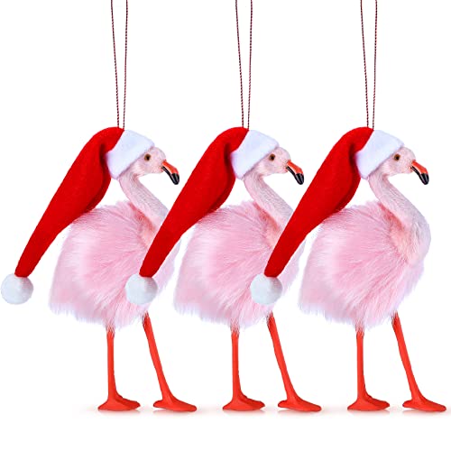 Jexine 3 Pack Pink Flamingo Christmas Ornaments - Plush Santa Hat Xmas Tree Decor