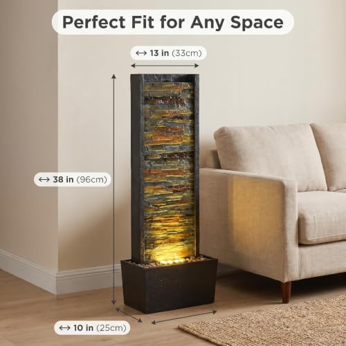 38-Inch Stone Wall Water Fountain with LED Lights for Indoor and Outdoor