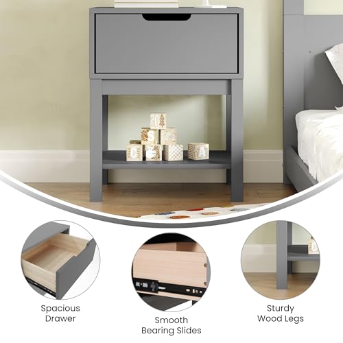 Kids Wooden Nightstand with Storage Drawer and Open Shelf, Gray