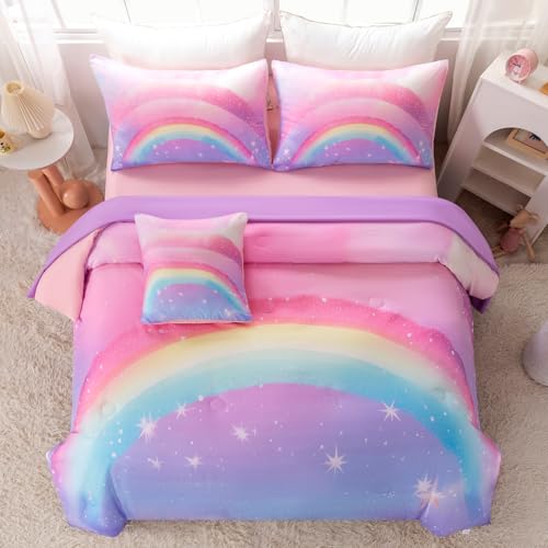 Rainbow Glitter Twin Comforter Set - 6-Piece Colorful Galaxy Bed in a Bag